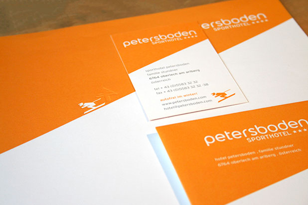 Briefbogen, Visitenkarte und Kuvert Sporthotel Petersboden